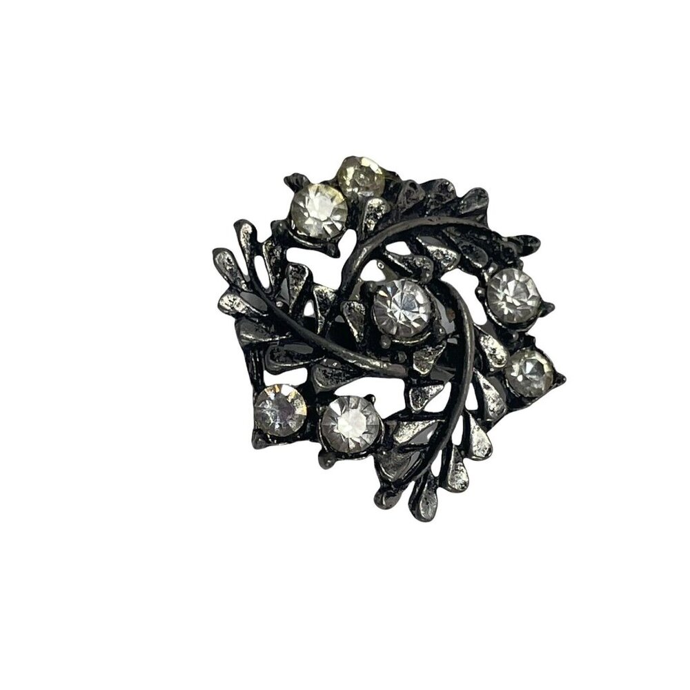Vintage Clear Rhinestone Wreath Brooch Silver Tone Leaves 1.25”
